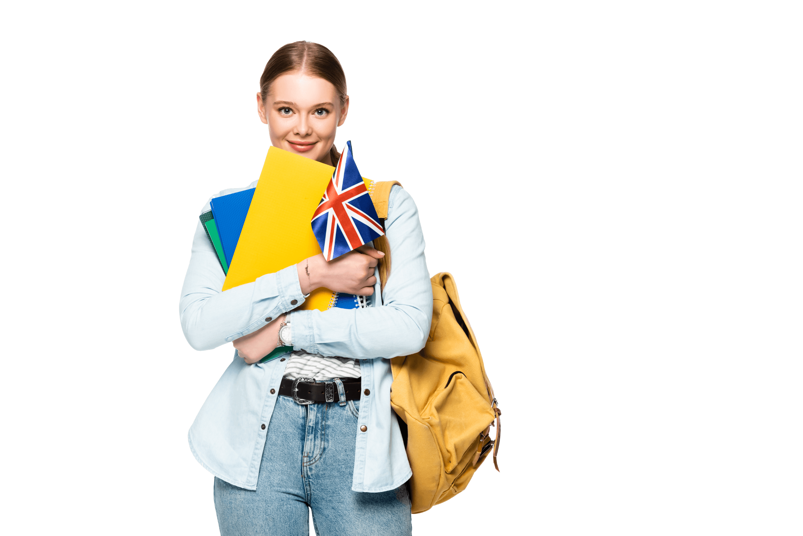 Uśmiechnięta studentka z plecakiem i książkami oraz flagą Anglii, gotowa do nauki Angielskiego.